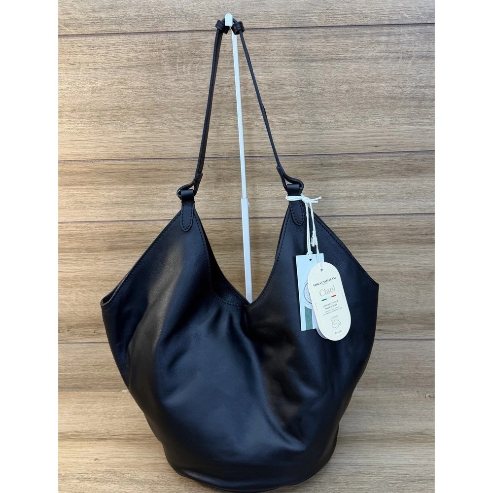 New Viola Castellani Italy Leather Hobo‎ Shoulder Bucket Bag Pouch Black Gold